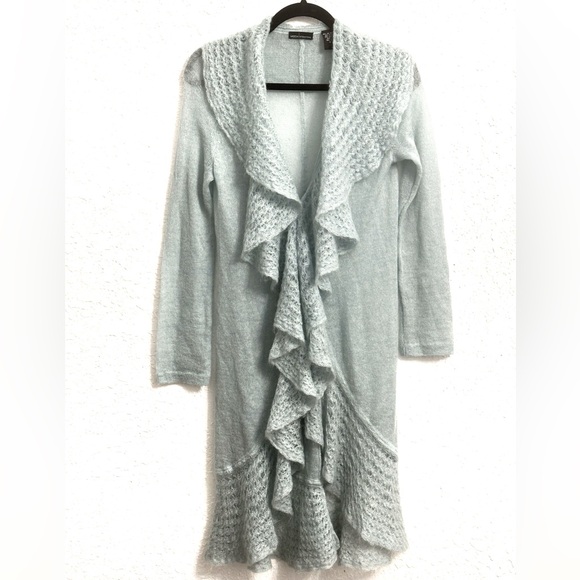Moda International Ruffle Jacket Sweaters | Y2k Moda International Light Blue Ruffled Lacy Mohair ...